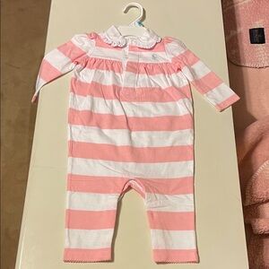 NWT Ralph Lauren Pink & White Striped 1 Piece: ruffles, pony, rubber buttons
